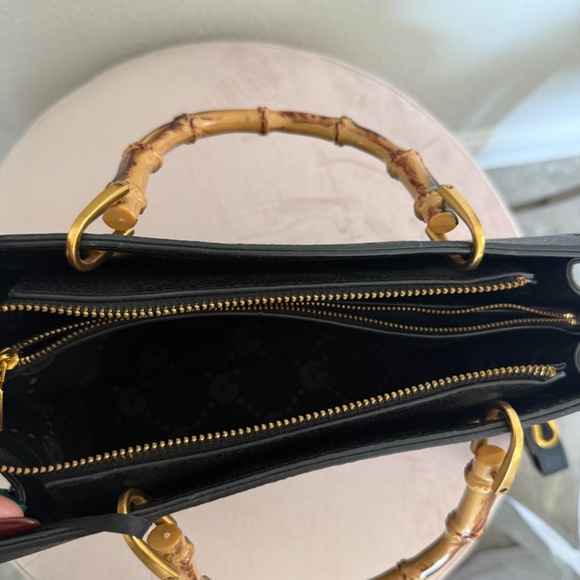 Gabriella Puccini Black Embossed Leather Bamboo Handle Bag with Dustbag– 10.5” - Picture 5 of 9